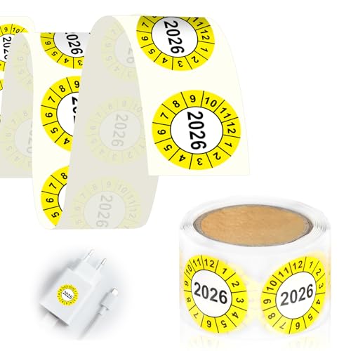 100 Stück Jahresprüfplakette 2026 Prüfplaketten 20 mm Gelb Prüfaufkleber Aufkleber Auf Rolle Vinylfolie Selbstklebend Prüfsiegel Wartungsetiketten Prüfplakette Leitern und Tritte für Prüfung