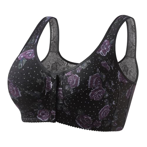 Women's Front Closure Bras Fashion Floral Print No Underwire Full Coverage Bra Lightweight Comfort Daily Bralettes Black