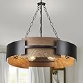 Modern Chandelier 24" Industrial Drum Light Fixture Black Metal 6-Light Hanging Chandelier Walnut Wood Grain for Living Dining Room Foyer Entryway Kitchen