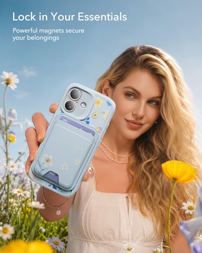 Image of ESR Aura for MagSafe Wallet for Women, RFID Blocking, MagSafe Sticker Included, 5 Cards Holder Magnetic Wallet for iPhone 17e /17 /16 /15 /14 /13 /12 & Select Samsung, Tropical Paradise, Light Blue