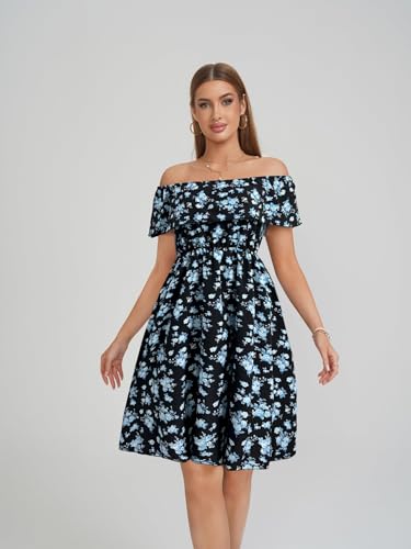 Image of Womens Off Shoulder Ruffle Floral Wedding Guest Dresses A Line Shift Short Skater Dress