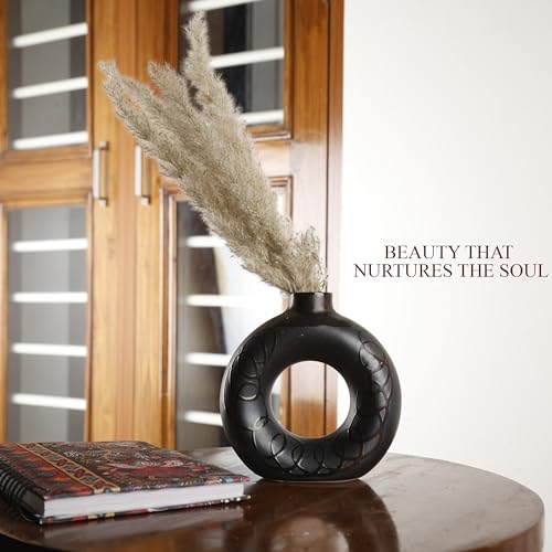 Image of BENAVJI Black Ceramic Donut 6 Inch Modern Flower Vase for Pampas Grass, Dried Flowers, Home & Office Decor, Centerpiece, Handcrafted Gift Vase Only