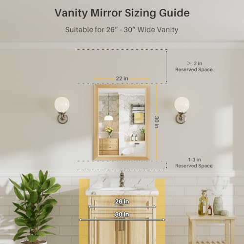 Image of 22x30 Inch Bathroom Mirror for Wall, Anti-Rust Oak Wood Grain Metal Framed Bathroom Mirrors for Over Sink,Rectangler Mirrors for Bathroom Vanity, Farmhouse, Bedroom, Living Room, Entryway Decor