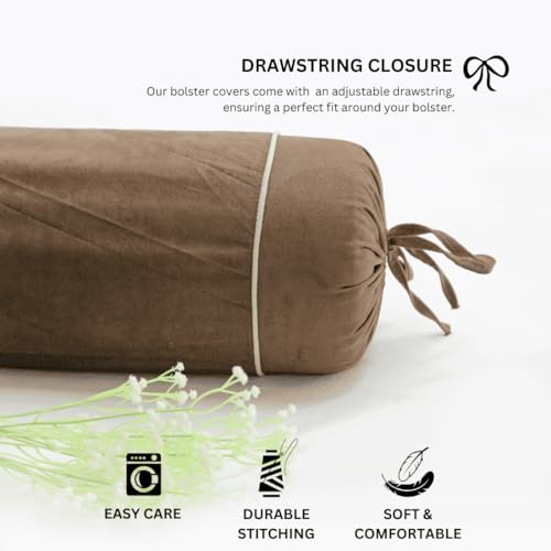 Image of AURAVE Suede 300 TC Printed Bolster Cover with Drawstring Closure, Set of 2, Soft Breathable Durable Machine Washable for Sofa Bed & Home Decor, 15 inchx30 inch, Coffee Brown | Cover Only