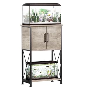 Herture 5-10 Gallon Fish Tank Stand, Metal Double Aquarium Stand with Cabinet for Fish Tank Accessories Storage, Heavy Duty 20.5″ L* 11.02″ W Tabletop, 500LBS Capacity Grey PG06YGZ