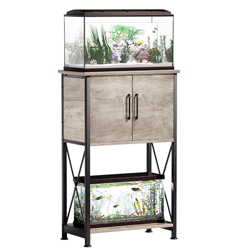 5-10 Gallon Fish Tank Stand, Metal Double Aquarium Stand with Cabinet for Fish Tank Accessories Storage, Heavy Duty 20.5″ L* 11.02″ W Tabletop, 500LBS Capacity Grey PG06YGZ