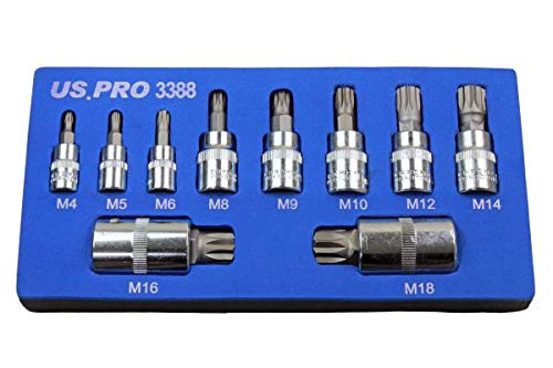 US PRO Tools 10pc Triple Square Spline Bit Sockets in Foam Tray M4-M18 B3388, Variety Pack - Image 2