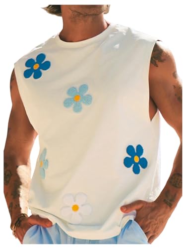 VIPWOLF Men's Floral Sleeveless Summer Shirt Crew Neck Casual Cut Off Tank Shirts White Flower Medium