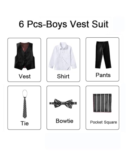 Image of Boys Formal Suit Vest and Pants Set 6 Pieces Suits for Boy Wedding Ring Bearer Outfit for Kids Tuxedo