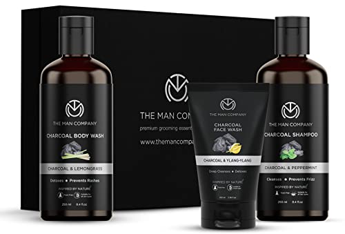 The Man Company Charcoal Care Trio Gift Set| Charcoal Shampoo 250ml, Charcoal Face Wash 100ml, Charcoal Body Wash 250ml | Hair Growth, Detox Skin, Removes Toxins, Antioxidant The Man Company Charcoal Care Trio Gift Set| Charcoal Shampoo 250ml, Charcoal Face Wash 100ml, Charcoal Body Wash 250ml | Hair Growth, Detox Skin, Removes Toxins, Antioxidant