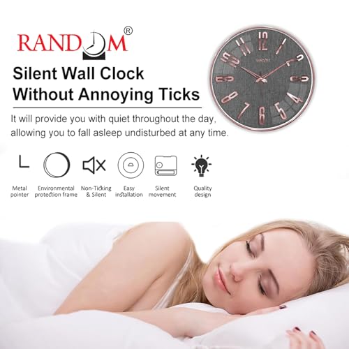 Image of RANDOM Sweep Silent Wall Clock, Non-Ticking Quartz Movement with 3D Foiling Numbers. (Rose Gold and Grey)