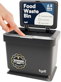 Tydi 4.5L Food Waste Bin with Press-Button Lid – Compost Bins for Kitchen - Anti-Slip Base and Secure Lid Kitchen Compost – Small Indoor Caddy for Cupboard or Countertop – Dark Grey