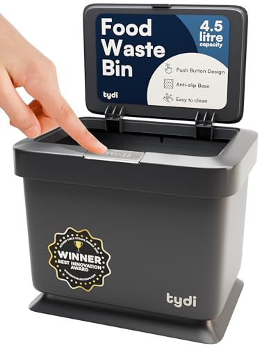 Tydi 4.5L Food Waste Bin with Press-Button Lid – Compost Bins for Kitchen - Anti-Slip Base and Secure Lid Kitchen Compost – Small Indoor Caddy for Cupboard or Countertop – Dark Grey
