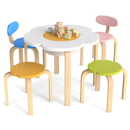 LIFEZEAL Mesa Infantil con 4 Sillas, Juego de Asientos Infantiles de Madera con Espacio de Almacenamiento, Mesa de Pintura en Forma de Flor y Mesa de Manualidades para Niños de 3 a 8 Años