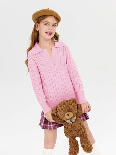 Girls Sweaters Kids Fashion Cable Knit Collared V Neck Pullover Sweater Tops 5-14 Years4