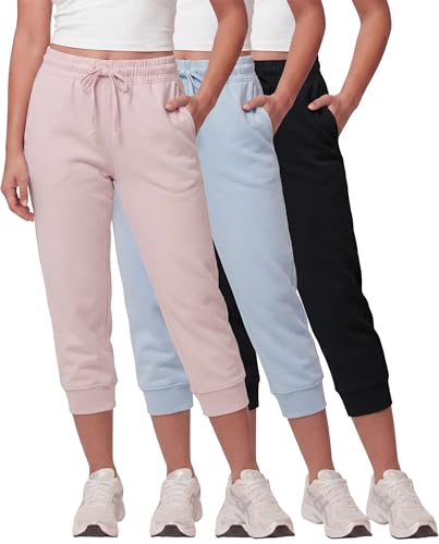 Image of Real Essentials 3 Pack: Women's Fleece Capri Joggers Athletic Lounge Gym Running Sweatpants with Pockets (Available in Plus)