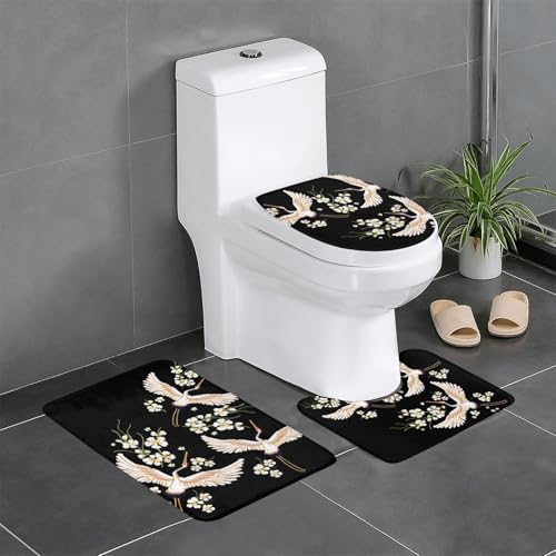鶴 和風 和柄 トイレマット 3点セット フタカバー 浴室足ふきマット 吸水 速乾 滑り止め 抗菌 防臭 洗える ふわふわ プレゼント 40x60cm