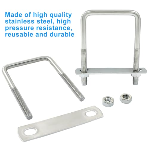 Image of 2 Stainless Steel Square U-Bolts, Inner Width 2.4 inch(60mm), Length 3.9 inch(100mm), M8 304 Stainless Steel with Frame Plates and Nuts for Light Industry, Metallurgy, Construction, Shipping
