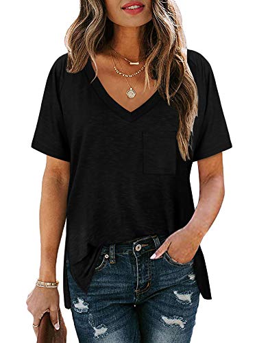 Tops for Women Summer Deep V Neck Short Sleeve Side Split Black T-Shirts L