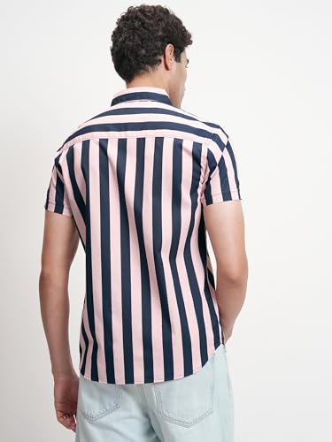 Image of Highlander Men's Slim Fit Short Sleeves Striped Casual Shirt | Vertical Stripes | Sleek & Relaxed Everyday Wear