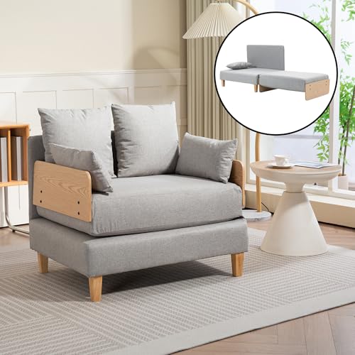 [en.casa] Sillón Covertible para Salón Seinlus Sillón Cama 2 en 1 con 2-2 Cojines Laterales y de Respaldo Butaca Acolchada Funda de Textil 81 x 88 x 68 cm - Gris Claro