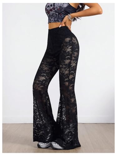 OYOANGLE Women's Lace Flared Pants Y2K High Waisted Skinny Bell Bottoms See Through Sheer Bootcut Trousers2