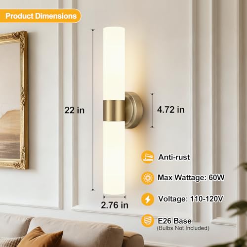 Image of Wall Sconces Set of Two, Modern Bathroom Sconces Wall Lighting with & Milky White Glass, Brass Sconces Wall Decor Set of 2 for Bathroom Mirror Bedroom Living Room Hallway
