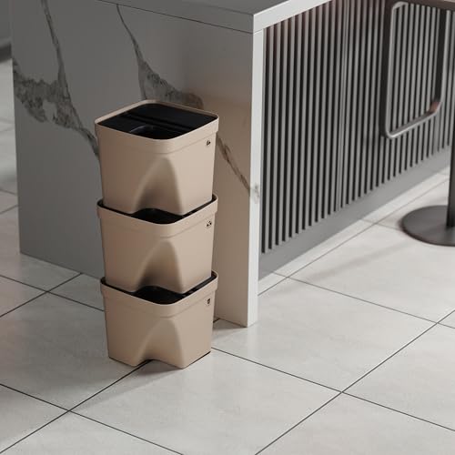Image of 10L Dustbin with Lid | Beige | Pack of 3 | Multipurpose Garbage Bin for Kitchen, Home & Office | Wet & Dry Waste Basket for Food Waste, Recycling & Indoor Outdoor Use