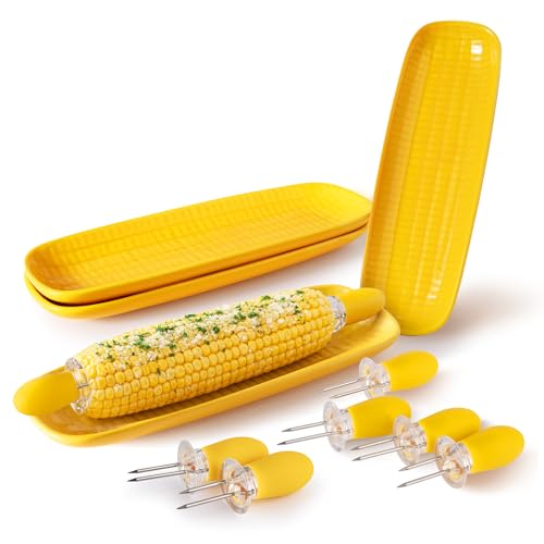 DOWAN 3D Embossed Corn on the Cob Dishes Set of 4 with 8 Corn Cob Holders - 9.2 Ceramic Corn Trays Oven & Dishwasher Safe - Ideal for Summer BBQ Gatherings (Vibrant Yellow)