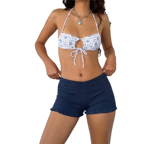 Image of NUFIWI Women's Y2k Ruched Mini Shorts Low Waist Ruffle Frill Bloomers Lounge Pajamas Smocked Micro Shorts Sleepwear