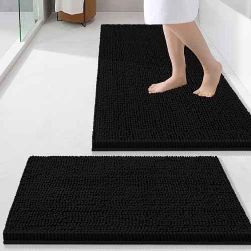 Image of Smiry Bathroom Rugs Sets 2 Piece, Soft Absorbent Chenille Machine Washable Non Slip Shaggy Bath Rug Set for Tub, Shower, and Floor (34x21+24x16, Black)