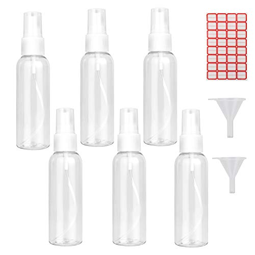 6PCS, 60ml (x3), 30ml (x3),Clear Plastic Empty Fine Mist Bottle, Small Refillable Liquid Container With 2PCS Funnels And 32PCS Labels