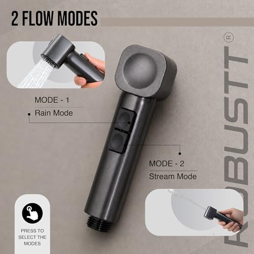 Image of Robustt Health Faucet for Toilet with Adhesive Wall Mount Holder | 2 Flow Modes | Jet Spray for Toilet with Stream & Rain Settings, Button Control, Chrome Finish Bathroom Faucet (Without Hose)-Grey