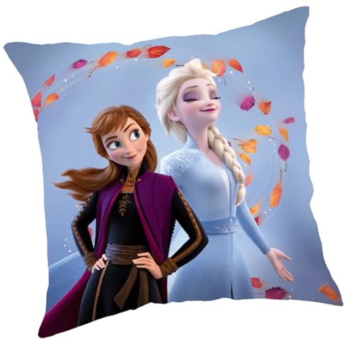 Disney Coussin La Reine des Neiges Anna et Elsa - 40 cm x 40 cm - Avant et arrière - Coussin décoratif réversible pour enfant - Bleu