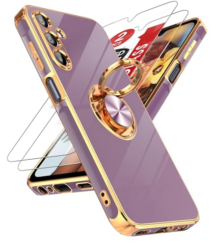 LeYi for Galaxy A15-5G Phone Case: with Tempered Glass Screen Protector [2 Pack] 360° Rotatable Ring Holder Magnetic Kickstand, Plating Rose Gold Edge for Samsung A 15 5G Case, Purple