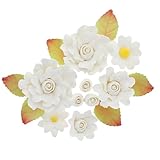 Global Sugar Art Ruffled Roses & Blossoms Sugar Cake Flowers Set, White, 9 Count with leaves by Chef Alan Tetreault