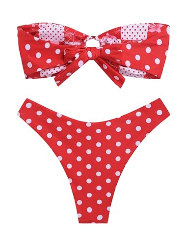 Image of ZAFUL Women's Bandeau Bikini O Ring Strapless Tie Back High Cut Two Piece Swimsuit Bathing Suits