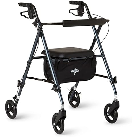 Medline Superlight Folding Aluminum Mobility Rollator Walker, Smoky Blue, 250 lb. Weight Capacity, 6" Wheels, Adjustable Arms and Seat, Foldable Rolling Walker for Seniors