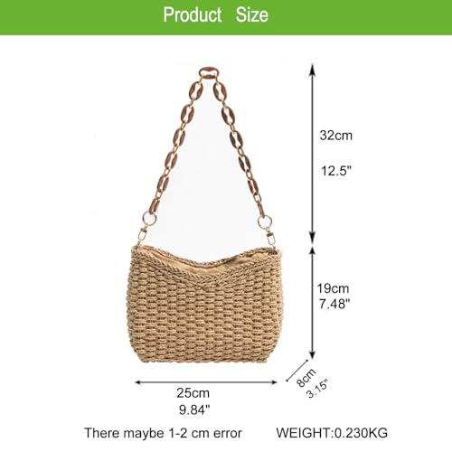 Straw Bag for Women, Lightweight Woven Straw Shoulder Bag, Summer Handmade Beach Tote with Chain, Eco-Friendly Vacation Purse3