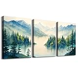 SERIMINO Nature Landscape Wall Art for Living Room, Green Forest Mountain Canvas Prints Paintings Room Decor, Lake Tree Cottagecore Modern Farmhouse Wall Decor Set of 3, 12'X16'