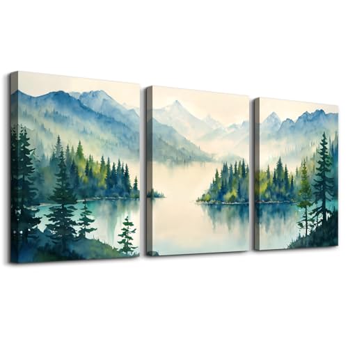 SERIMINO Nature Landscape Wall Art for Living Room, Green Forest Mountain Canvas Prints Paintings Room Decor, Lake Tree Cottagecore Modern Farmhouse Wall Decor Set of 3, 16"X24"
