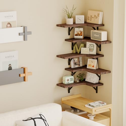 Walnut Brown Rustic Corner Floating Shelves Set of 5