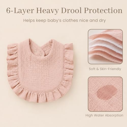 Image of Konssy 6-Pack Muslin Baby Girl Bibs, 100% Soft Cotton Absorbent Drool Bibs