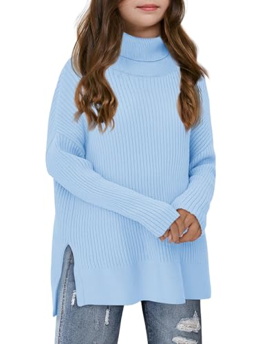 Haloumoning Girls Oversized Turtleneck Sweaters Kids Fashion Ribbed Knit Pullover Sweater Fall Clothes with Side Slit