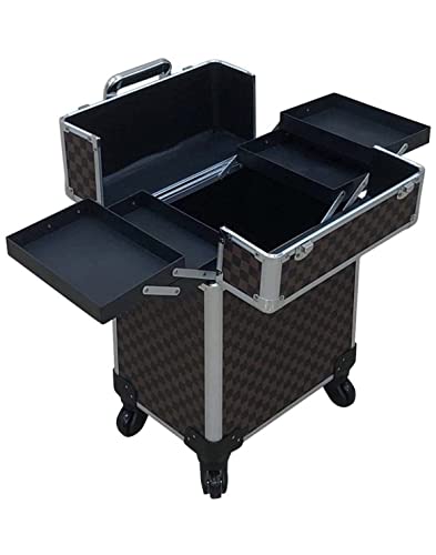 Image of Adson Multifunctional Professional Beauty Makeup Artist Rolling Cosmetic Aluminium Vanity Trolley Beauty Train case Makeup Cosmetic Trolley Hairstylist Travel Organizer (Carbon channal Diamond Black)