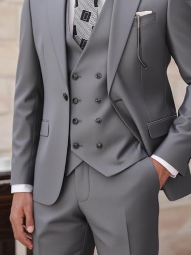 Men's 3 Pieces Suits Slim Fit Wedding Prom Party Solid One Button Blazer Double Breasted Vest Pants Set4