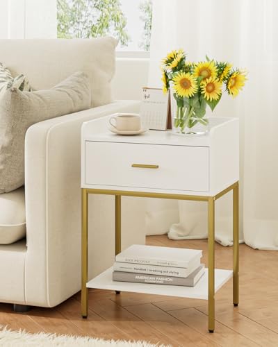Image of Masupu Nightstand,3-Tier Modern Bedside Night Stand with Storage Drawer and Shelf,Small End Side Table for Bedroom,Living Room,White (Without Outlet, White)