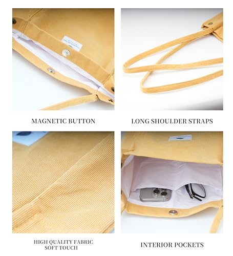 Image of Corduroy Tote Bag Cute Tote Bags for Women Shoulder Bag with Inner Pocket for Work Beach Travel and Shopping Grocery