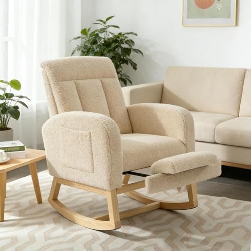 RBFGYIOP Comfort Nursery Rocking Chair with Adjustable Footrest Ergonomic Glider Rocker for Breastfeeding Soft Teddy Fleece Upholstery Deep Cushioning for Ultimate Relaxation