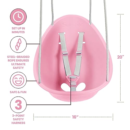Image of Swurfer Coconut Toddler Swing - Comfy Baby Swing Outdoor, 3-Point Adjustable Safety Harness, Secure, Safe Quick Click Locking System, Blister-Free Rope, Easy Installation, Ages 6-36 Months, Rose Pink